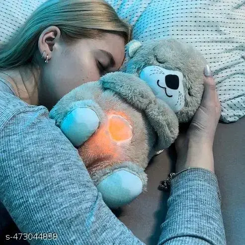 NAIRO Breathing Teddy Bear Baby Soothing Music Tummy up Down with Light Breathing Teddy Bear Soft Toy Simulation Plush for Babies Kids, Sleeping Soft Toy Best for Gifting (Grey).